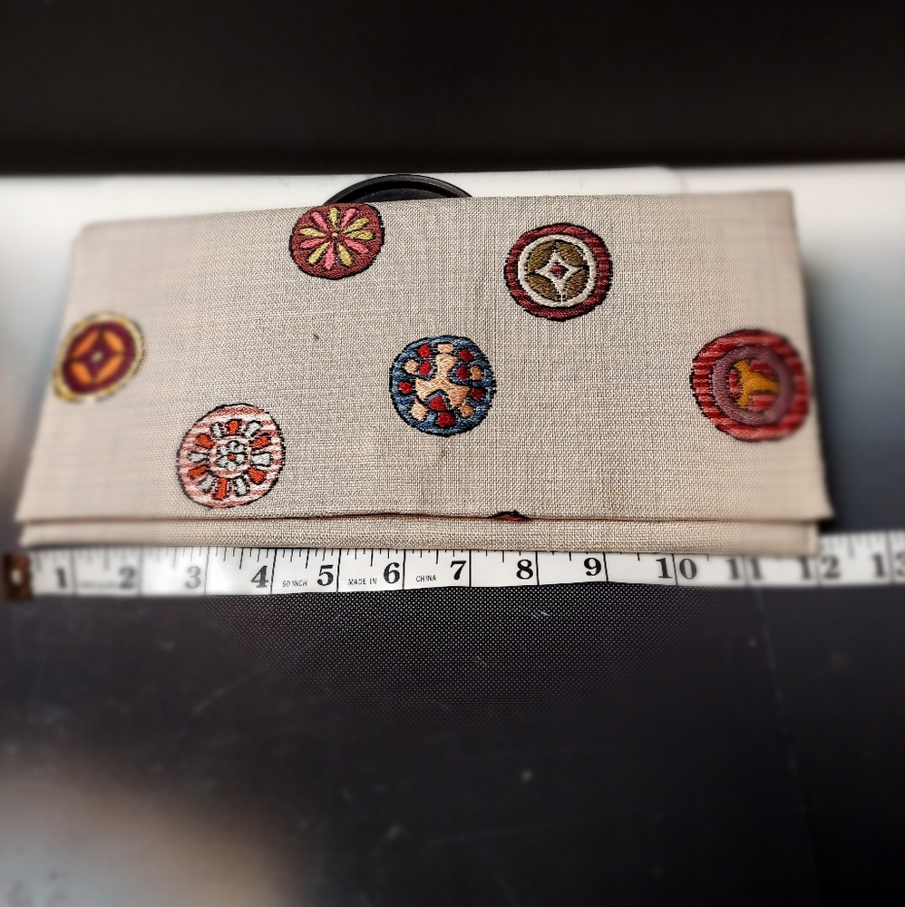 Japanese linen clutch purse embroidered medallions
